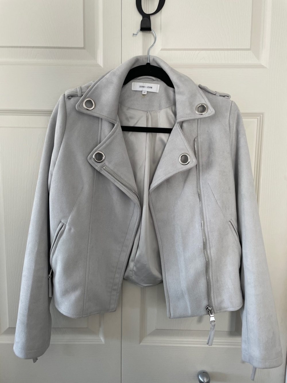 Zara Light Gray Suede Moto Jacket with Silver Hardware
